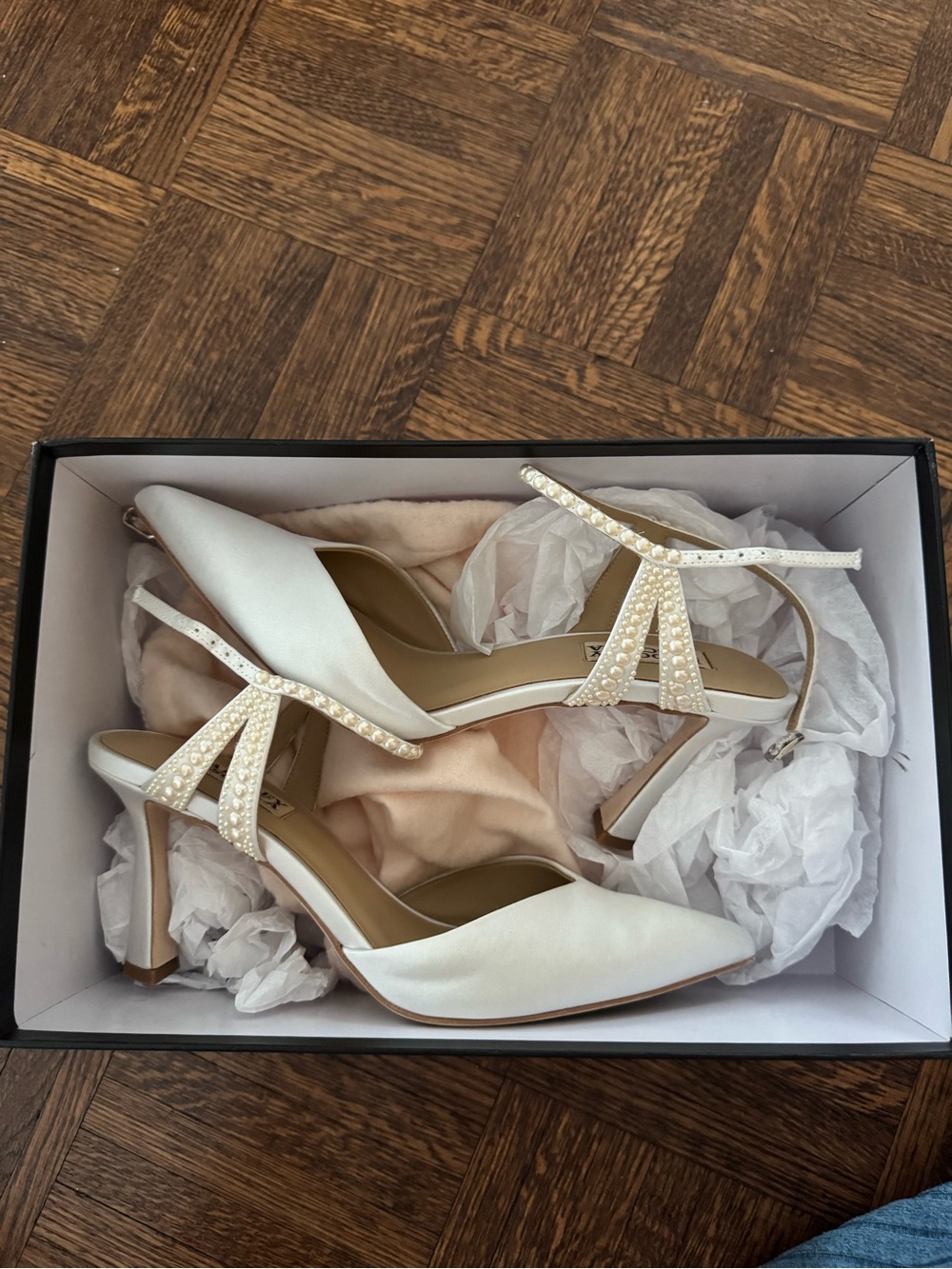 Badgley Mischka Ivory Satin Pearl-Strap Pointed Toe Bridal Heels